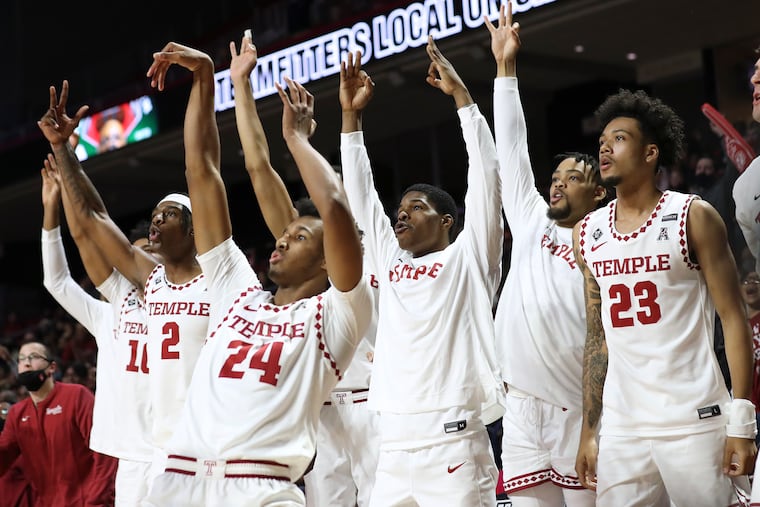 The Temple bench getting ready to celebrate behind Zach Hicks (24) after he shot a three-pointer against Maryland-Eastern Shore at the Liacouras Center on Nov. 10.