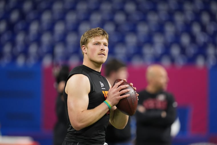North Dakota State quarterback Cole Payton runs a drill at the NFL scouting combine. The Eagles drafted Payton in the fifth round.