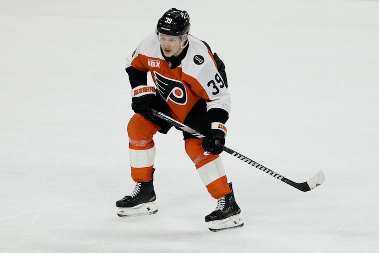 Flyers right wing Matvei Michkov on the ice against the Pittsburgh Penguins in Game 4 Saturday.