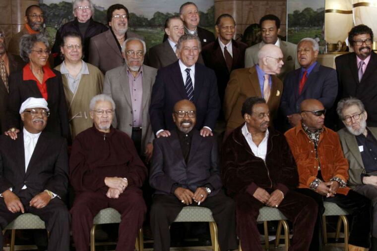 Nat Hentoff (first row, right) in January 2006, posing with Jazz legends for the National Endowment for the Arts.