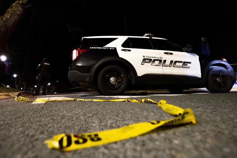 A Charlottesville Police vehicle parked on Culbreath Road during an active shooter situation on the University of Virginia campus on Monday.