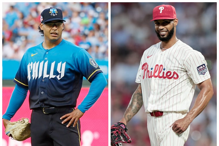 Jesús Luzardo (left) is second in the National League with 203 strikeouts, one better than teammate Cristopher Sánchez (right).