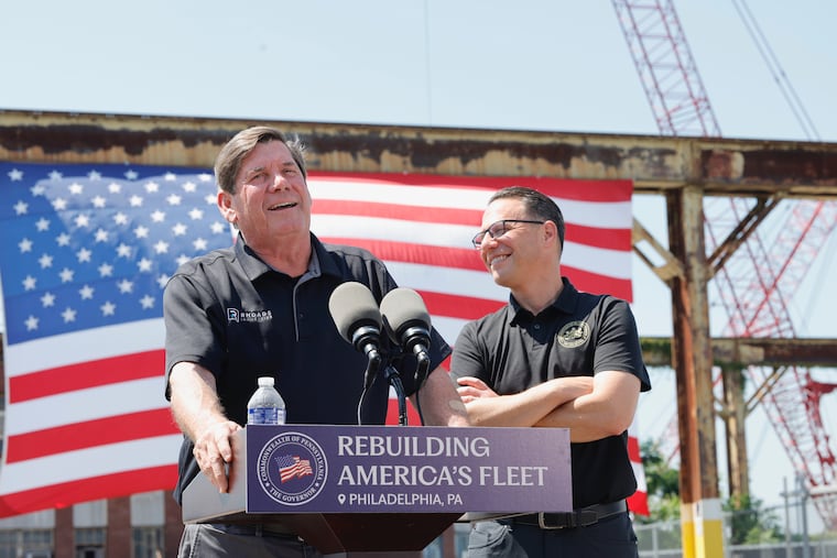 Rhoads Industries CEO Dan Rhoads (left) with Gov. Josh Shapiro in July 2025 at the Navy Yard.