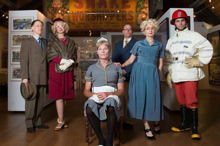 (Left to right:) John Zak, Sonja Robson, Tomas Dura, Bob Schmidt, Tina Brock, and Arlen Hancock in “Eugene Ionesco’s The Bald Soprano,” by the Idiopathic Ridiculopathy Continuum, at the Philadelphia Fringe Festival through Sept. 24,