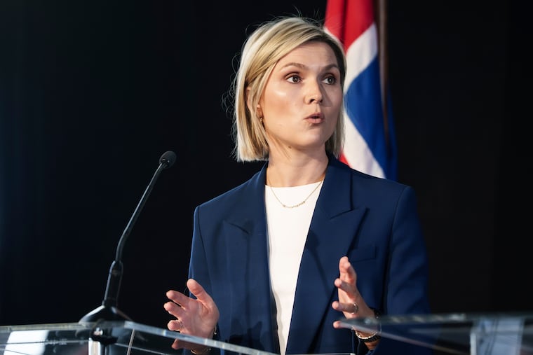 Icelandic Prime Minister Kristrún Frostadóttir speaks during a news conference at Harpa Concert Hall in Reykjavik, Iceland, Sunday, Aug. 30, 2026.