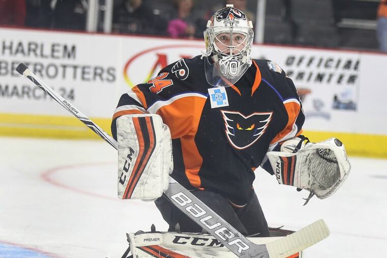 Phantoms goalie Alex Lyon at the PPL Center in Allentown last season.