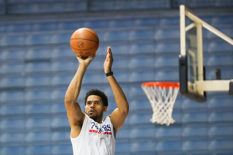 Sixers forward Tobias Harris puts up shots after practice on the first day of training camp at The Citadel in Charleston, S.C.