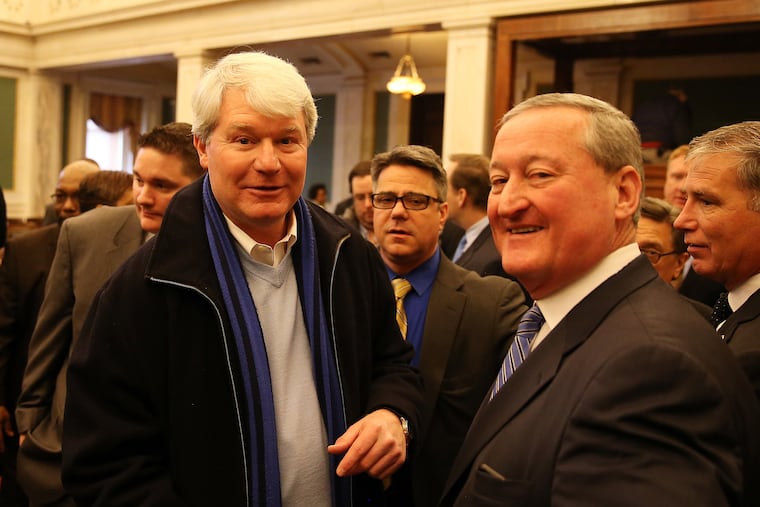 Mayor Jim Kenney, right, now is busy building walls between his soda tax and its support from indicted City Councilman Bobby Henon, center, and indicted Local 98 leader John "Johnny Doc" Dougherty, left.