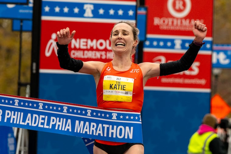 Katie Florio of Philadelphia capturing the women's race in the Philadelphia Marathon on Sunday.