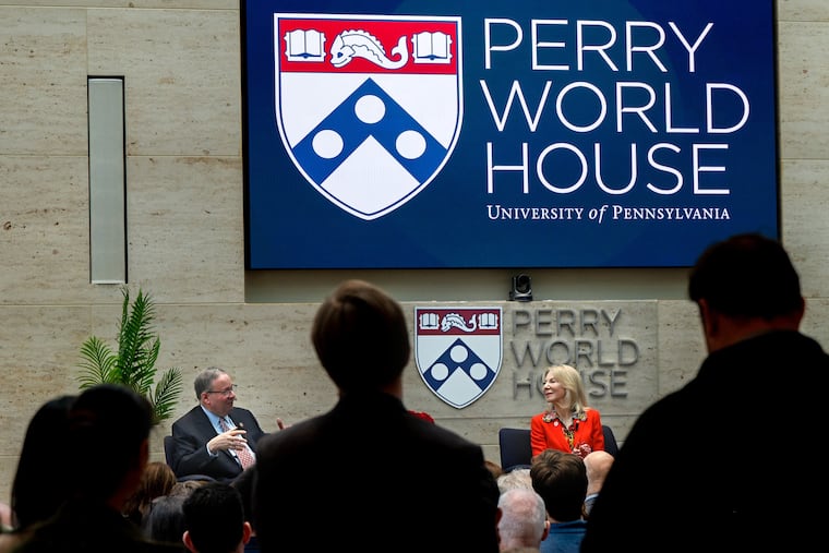 Former U.S. Ambassadors David L. Cohen (left) and Amy Gutmann (right) participate in a "Common Sense Diplomacy" event at The University of Pennsylvania Tuesday, Apr. 15, 2025. The event, sponsored by the Perry World House at Penn was moderated by NBC News' Andrea Mitchell. Guttmann is a former Penn president and former U.S. Ambassador to Germany. Cohen was executive vice president at Comcast and former U.S. Ambassador to Canada.