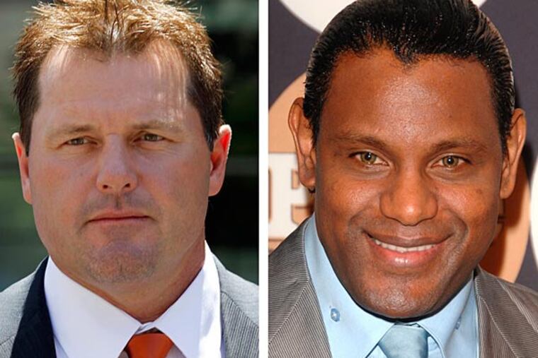 At left, in a July 14, 2011 file photo, former Major League baseball pitcher Roger Clemens leaves federal court in Washington. At right in a May 13, 2009 file photo, former baseball player Sammy Sosa attends the People En Espanol "50 Most Beautiful" gala in New York. Baseball's all-time home run king and its most decorated pitcher likely will be shut out of the Hall of Fame when the vote is announced in January 2013. An AP survey shows that Bonds and Clemens, as well as Sammy Sosa, don't have enough votes to get into Cooperstown. (AP Photo/File)
