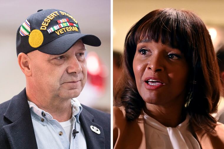 Pennsylvania Republican candidate for governor Doug Mastriano, left, and Senate candidate Kathy Barnette, right. Both enter primary election day with the political winds at their backs — and with some establishment Republicans worried they'll cost the party winnable races in the fall.