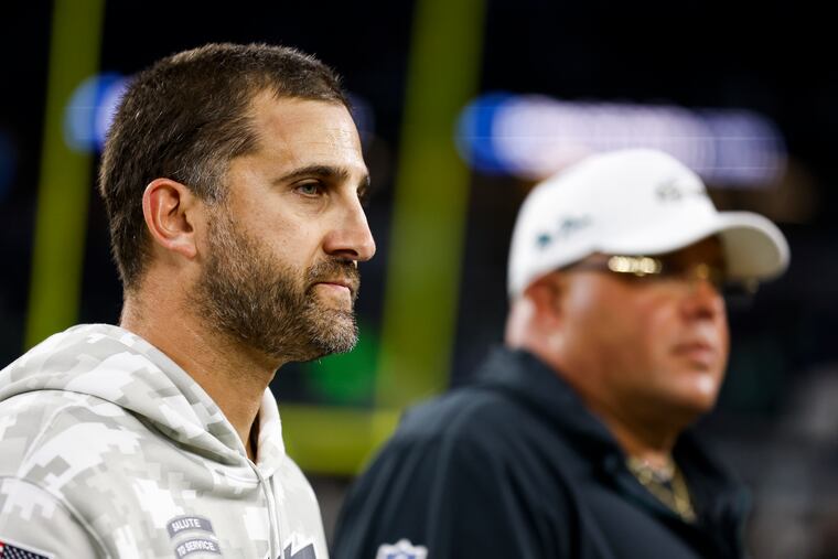 Philadelphia Eagles head coach Nick Sirianni leaves the field after his team beat the Dallas Cowboys, 34-6, on Sunday.
