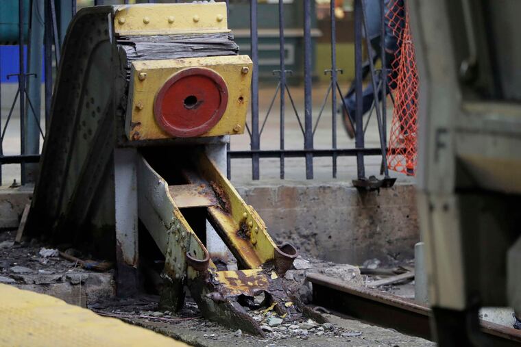 A bumper on Track 12 at the Hoboken station. The post on Track 15 is the only modern unit. The other posts were installed when the station was built more than 100 years ago.