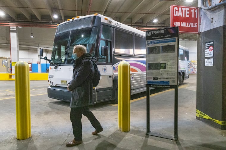 NJ Transit's 408 bus from Millville at its berth inside the Walter Rand Transportation Center in Camden. Transit officials said the route and four others will return to Center City streets in June.