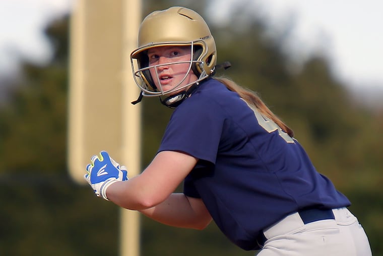 Spring-Ford catcher Megan Kern leads off first base after drawing a walk against Perkiomen Valley on April 1.