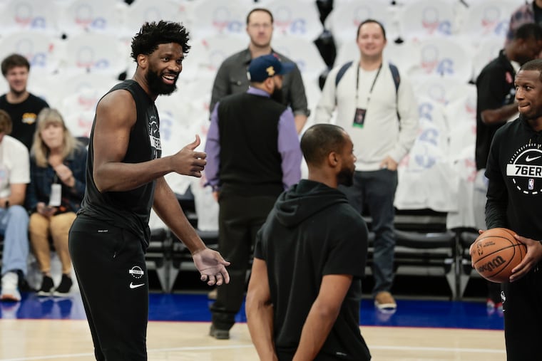 Joel Embiid on the court ahead of Game 3 between the Sixers and Knicks Friday night.