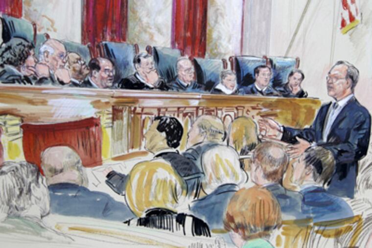 This artist rendering shows Paul Clement speaks in front of the Supreme Court in Washington, Tuesday, March 27, 2012, as the court continued hearing arguments on the health care law signed by President Barack Obama. (AP Photo/Dana Verkouteren)