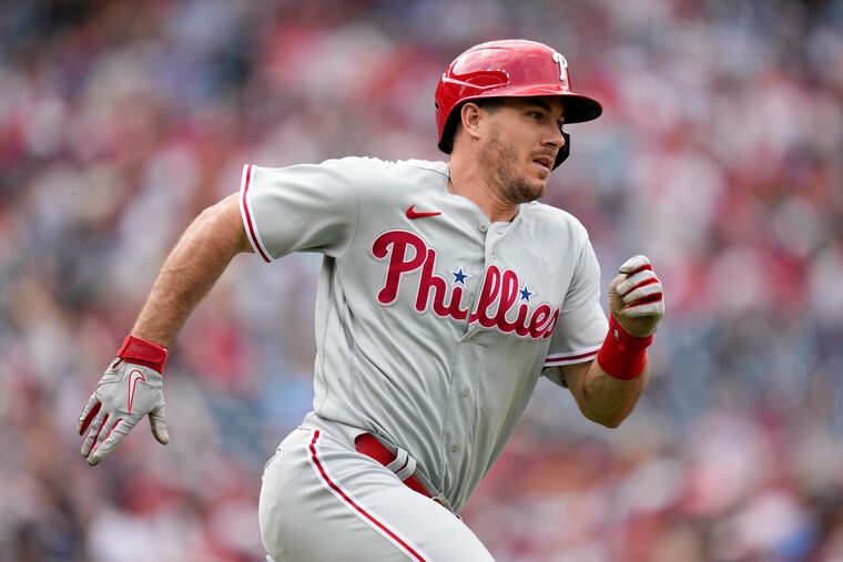 Philadelphia Phillies' J.T. Realmuto doubles in the second inning Saturday. He went 2-for-4 with a homer.