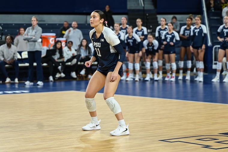 Defensive specialist Jocelyn Nathan, a junior from Wilmington, in action for Penn State.