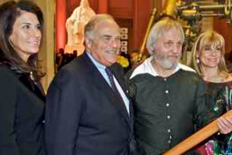 At the gala for the Galileo exhibition (from left): Marsha Perelman, Gov. Rendell, Michael Francis as Galileo, gala chair Martha J. McGeary Snider, and Franklin Institute president and CEO Dennis Wint.