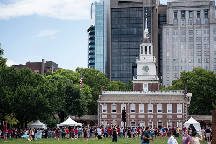 A crowd fills Independence Mall for a worship event presented by Piercing Word, a ministry based in Lancaster, on July 3, 2023.