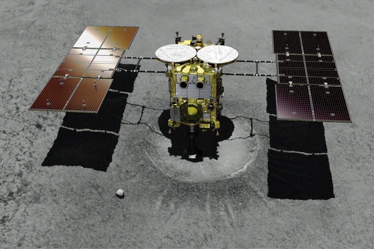 FILE - This computer graphic image provided by the Japan Aerospace Exploration Agency (JAXA) shows the Japanese unmanned spacecraft Hayabusa2. (JAXA via AP, File)