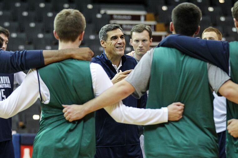 Jay Wright has a team meeting before practice during Villanova's Media Day.