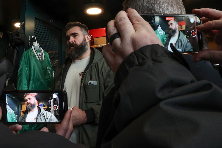 Eagles center Jason Kelce speaking to reporters while cleaning out his locker at the NovaCare Complex on Jan. 17.