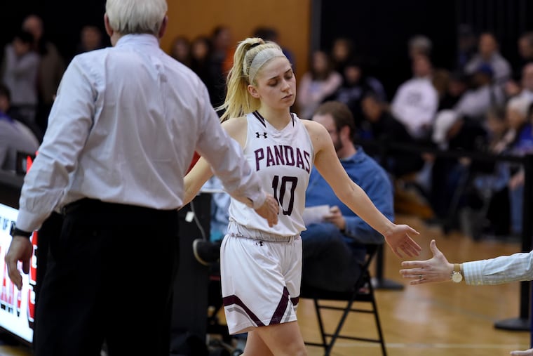 Bonner-Prendergast's Maeve McCann leaves the game late in the fourth quarter after fouling out against Bethlehem Catholic in the PIAA Class 4A Girls semifinal at Souderton High School March 19, 2019. Bonner-Prendergast lost, 64-50.