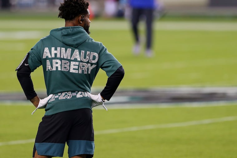 Eagles cornerback Darius Slay wears an Ahmaud Arbery hoodie while warming up before the Eagles played the New York Giants at Lincoln Financial Field on Oct. 22, 2020.