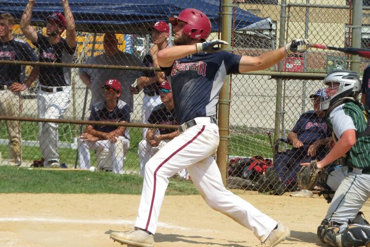 Eastern's Jack Herman shown hitting an RBI double in the Vikings 10-6 win over Clearview.