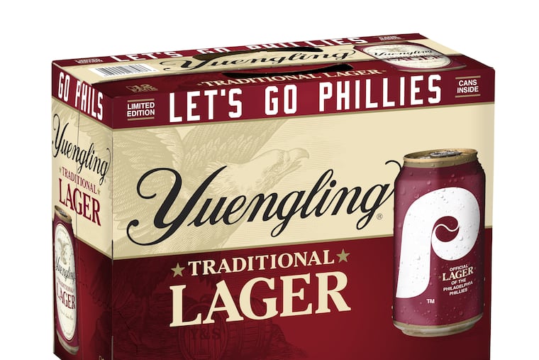 Phillies-branded Yuengling cans will be available at area beer sellers in 12 packs.