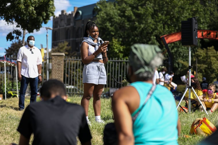 Zion Brooks, 16, student at SLA Beeber and daughter of Councilmember Kendra Brooks, spoke during the Lower Merion School District and Philadelphia Public School Solidarity March in Philadelphia, Pa. as seen on Sunday, August 30, 2020. The group of students, teachers, community members and supporters, marched from Cynwyd Station Park in Bala Cynwyd to Tustin Playground, near Overbrook High School.