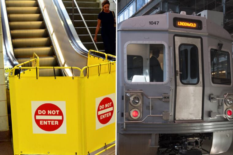 An escalator, right, out of service at the PATCO Ashland station earlier this year. At left, a newly rehabbed Budd car on display at the PATCO facility in Lindenwold last week. (Left: file; right: provided)
