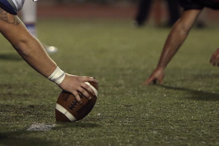 * SRYAN18 * Ryan’s defense lines up against Ryan’s offense during their high school football game, Saturday Sept. 17, 2016, in Northeast Philadelphia. Father Judge was leading Archbishop Ryan 34-7 at halftime. (For the Inquirer/ Joseph Kaczmarek)