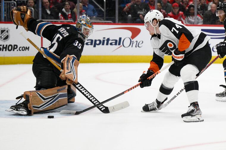 Philadelphia Flyers right wing Owen Tippett (74) tries to get the puck past Washington Capitals goaltender Darcy Kuemper (35) during the second period of an NHL hockey game Saturday, Jan. 14, 2023, in Washington. (AP Photo/Nick Wass)
