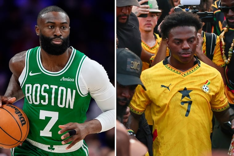 New Sixer Jaylen Brown (left) watched Thursday's France-Morocco World Cup quarterfinal with American YouTuber and online streamer Darren Jason Watkins Jr., who's known as IShowSpeed.