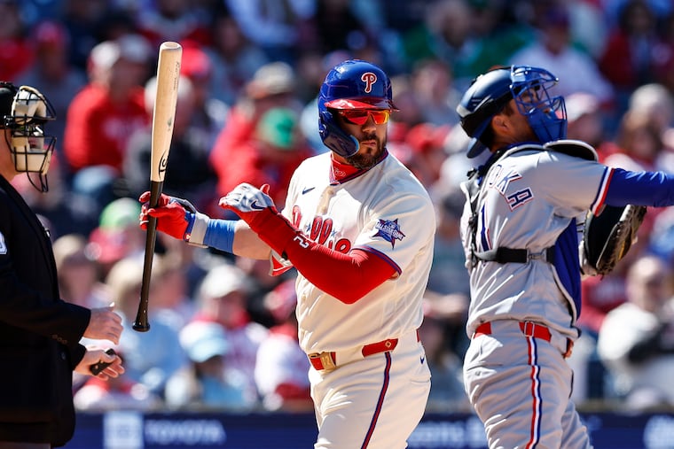 Phillies designated hitter Kyle Schwarber reacts after striking out during the fourth inning Sunday at Citizens Bank Park.
