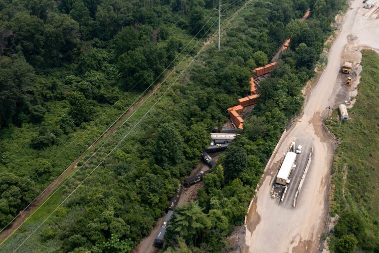 The scene of a train derailment in Whitemarsh Township. Recovery crews will use the nearby quarry, owned by Highway Materials, as an access point and staging area for heavy equipment.