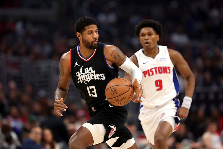 Los Angeles Clippers forward Paul George (13) dribbles down the court past Detroit Pistons forward Ausar Thompson (9). George could be a target for the Sixers this offseason.
