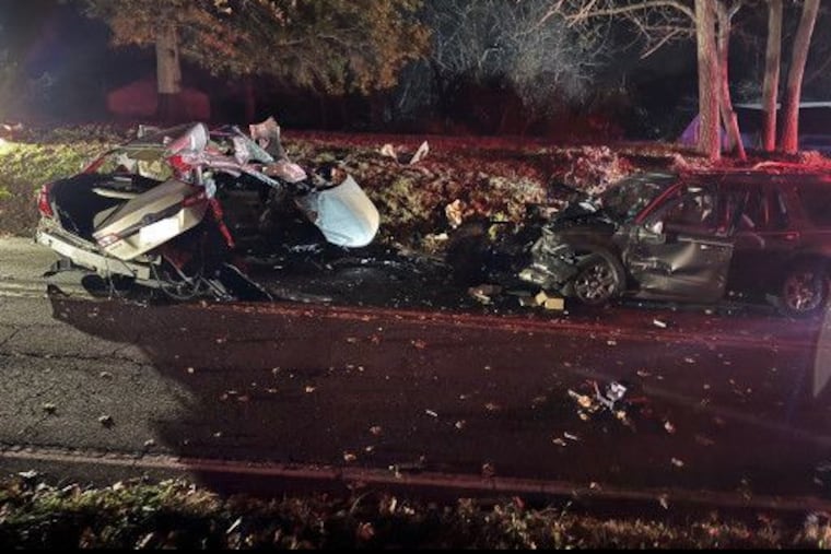 A Toyota Camry and Ford Explorer are damaged from a crash that occurred on Friday night in Warrington, Bucks County. Three teenagers in the Toyota died in the crash, while a fourth was critically injured, after the 15-year-old driver of the car lost control on Bristol Road, police said. The Ford driver was not injured, police said.