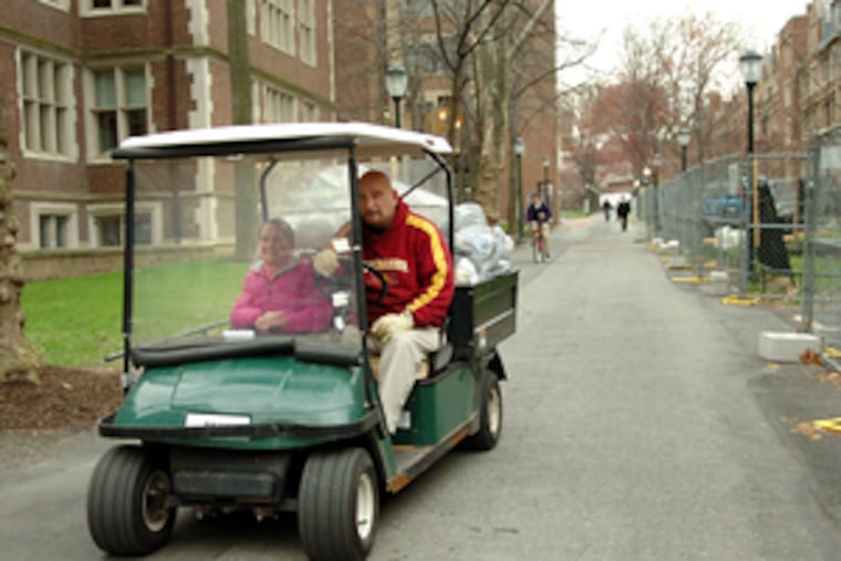 It's no limo. It's Stanley Konopka in his golf cart, left, and he's making a detour from his trash route to deliver Davies to her classrooms. Above, the professor in 1963.