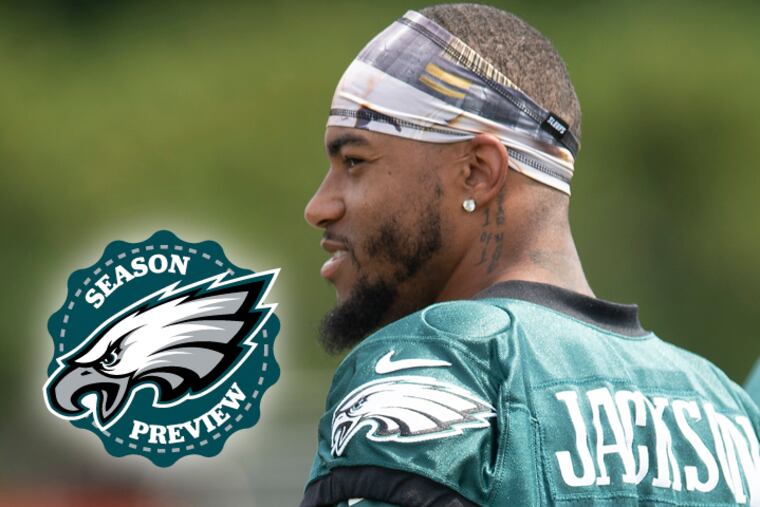 Philadelphia Eagles DeSean Jackson looks on during practice at the NFL football team's training camp in Philadelphia, Monday, August 5, 2019.