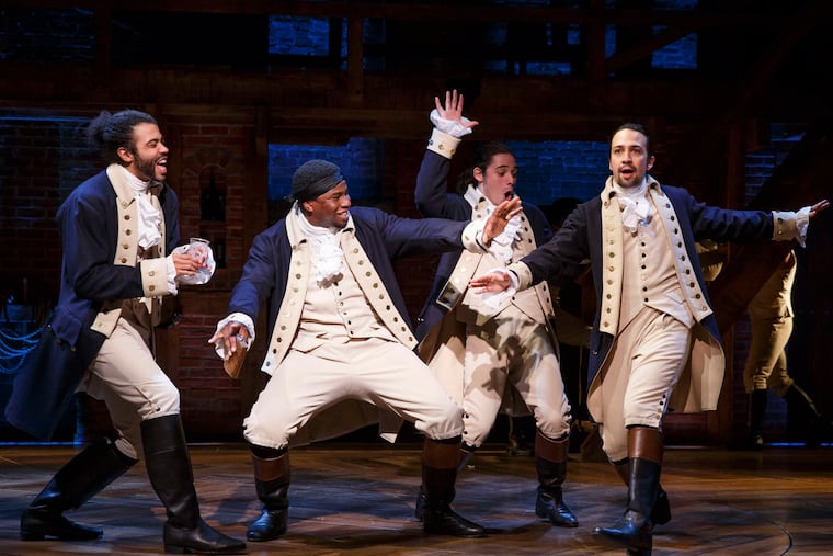 Members of the cast of "Hamilton," including lead actor and creator Lin-Manuel Miranda (right).