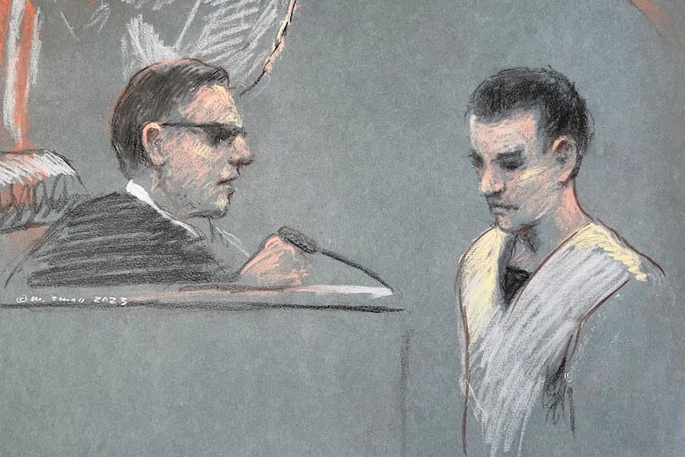 Massachusetts Air National Guardsman Jack Teixeira, right, in a courtroom sketch from 2023.