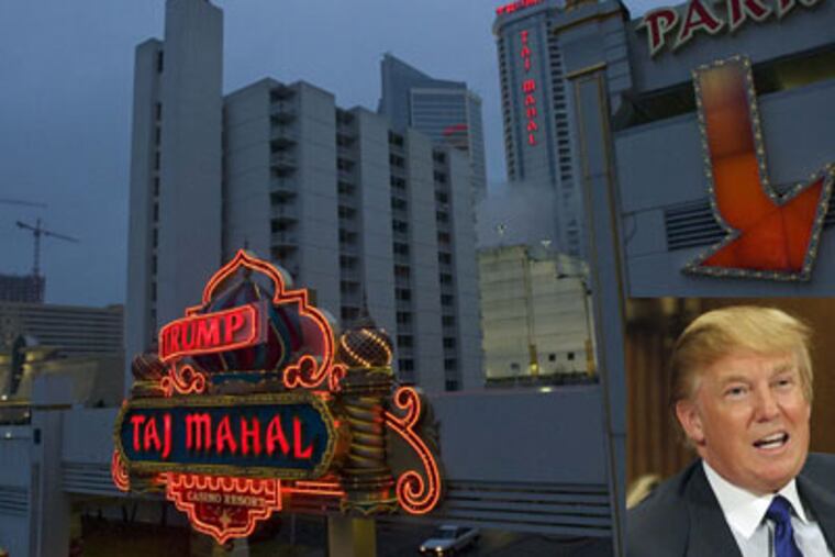An exterior picture of the Trump Taj Mahal and its namesake (inset) Donald Trump said he may pull out of the troubled casino company that bears his name. (Clem Murray / Staff Photographer)