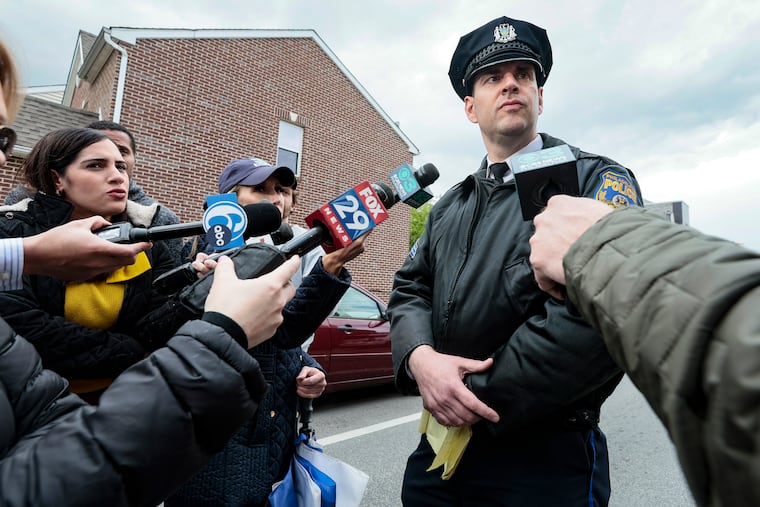 Philadelphia Police Sgt. Eric Gripp talks to the media near the crime scene in the 2200 block of N. Camac where two police officers were involved in a fatal police shooting of a 33-year-old man.