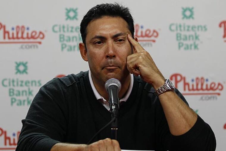 Philadelphia Phillies general manager Ruben Amaro Jr. responds to a question during a baseball news conference, Monday, Oct. 25, 2010, in Philadelphia. (AP Photo/Matt Slocum)