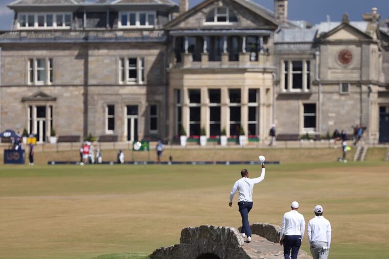 Tiger Woods of the U.S. gestures to the crowd at the end of his second round of the British Open golf championship on the Old Course at St. Andrews, Scotland, Friday July 15, 2022. The Open Championship returns to the home of golf on July 14-17, 2022, to celebrate the 150th edition of the sport's oldest championship, which dates to 1860 and was first played at St. Andrews in 1873.